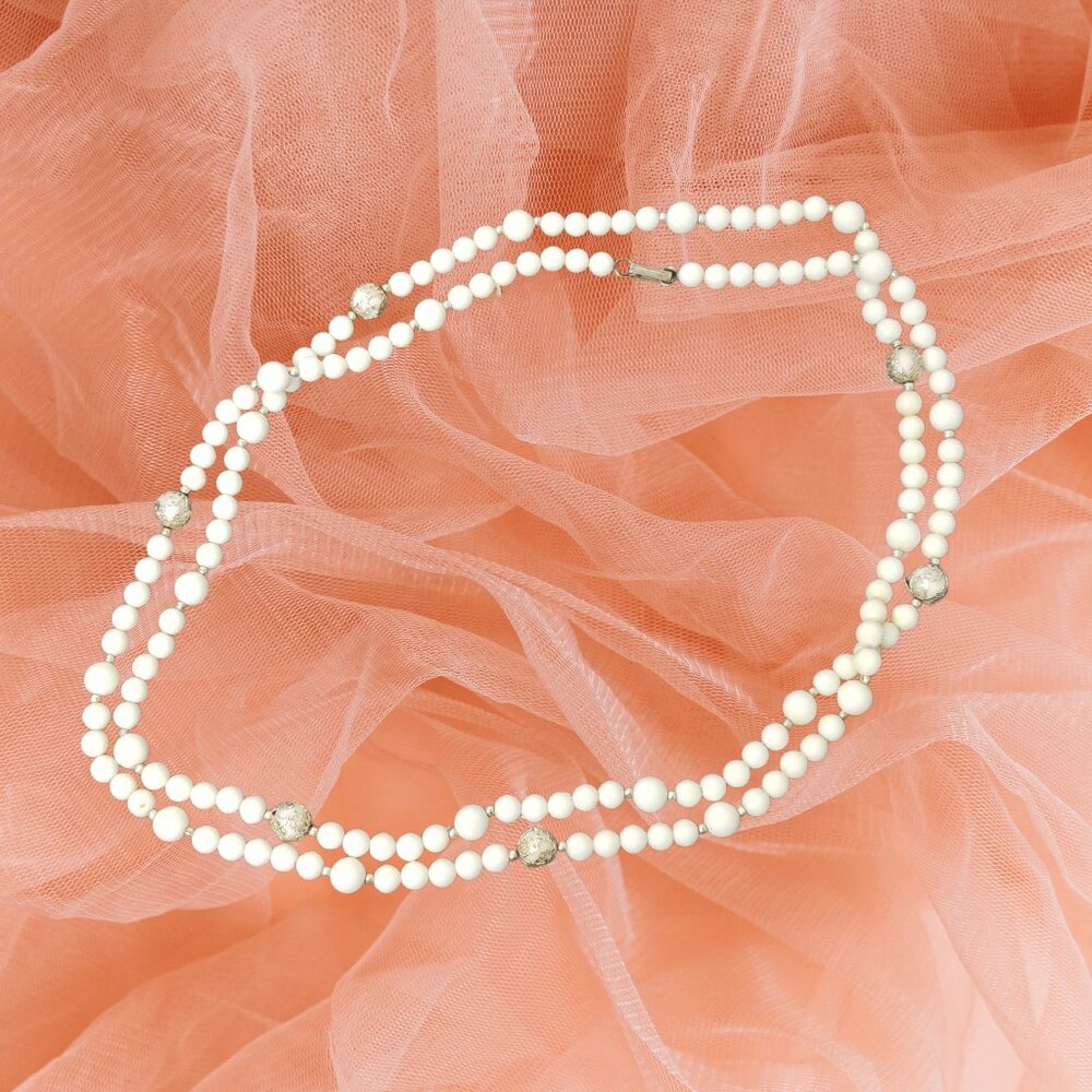 Vintage Long White Beaded Necklace - Silvertone Accents
